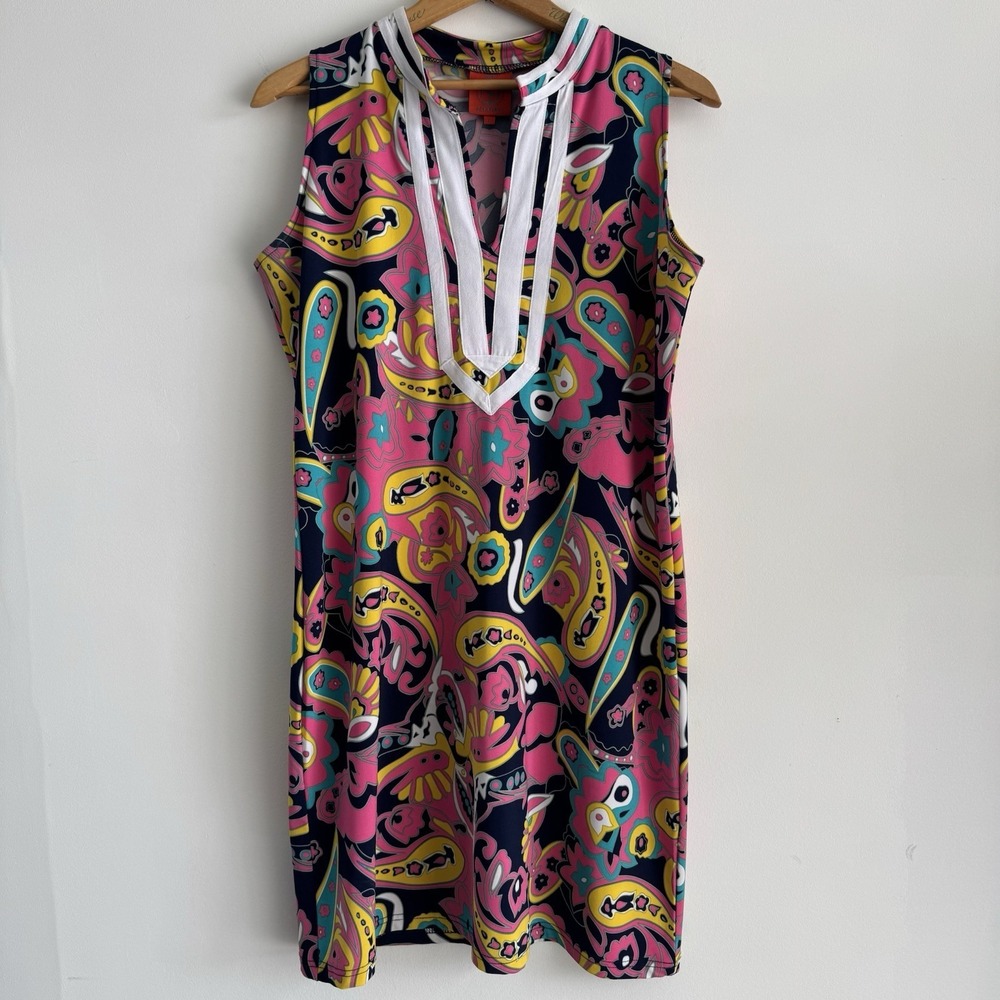 Tracy Negoshian Paisley Shift dress Neon Pink Navy Embroidered Neckline Large